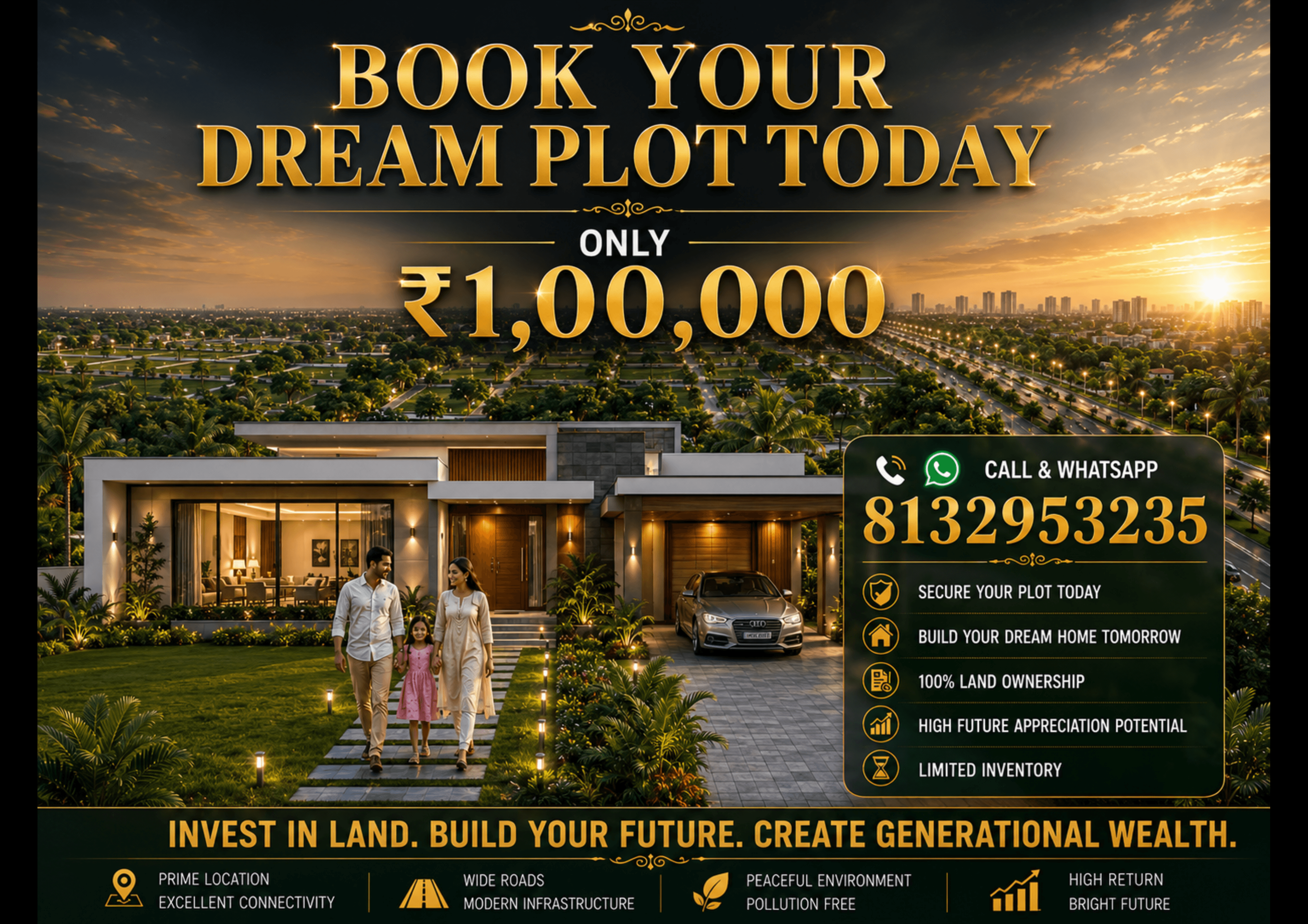 Book Your Dream Plot Today — Only ₹1,00,000. Call & WhatsApp: 8132953235.