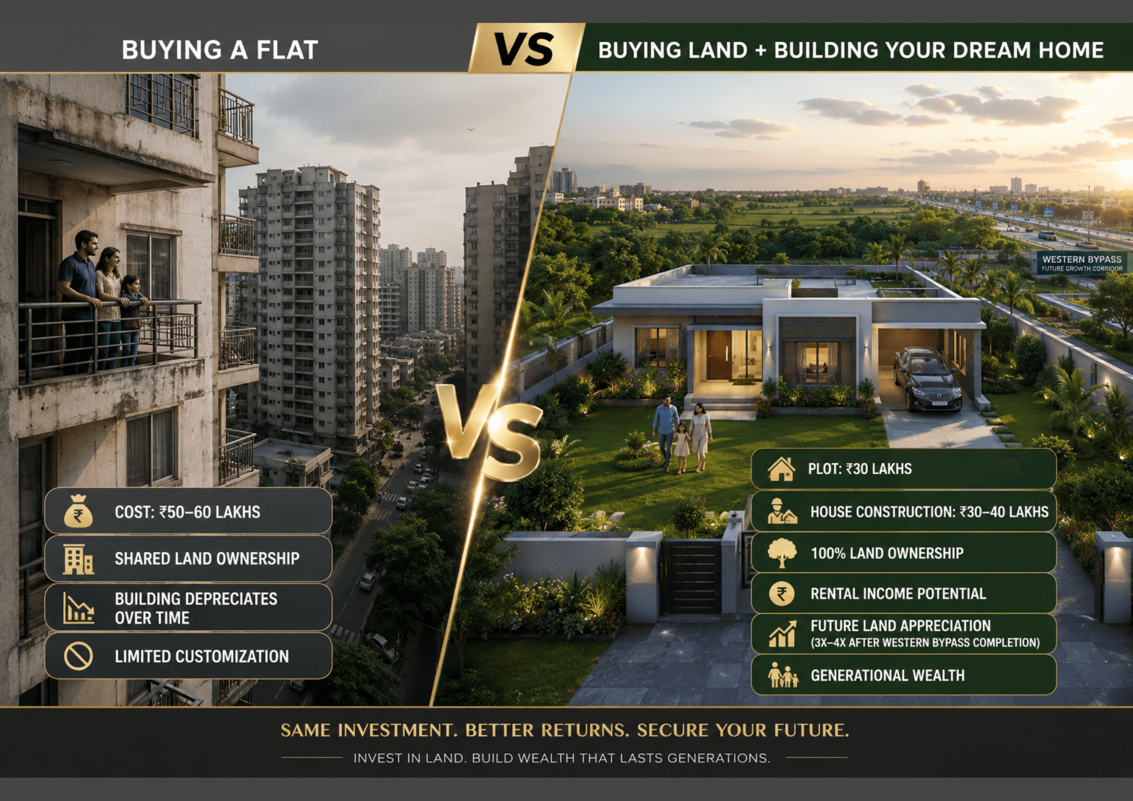 Buying a Flat VS Buying Land — 100% Land Ownership, Rental Income, Future Appreciation 3X-4X